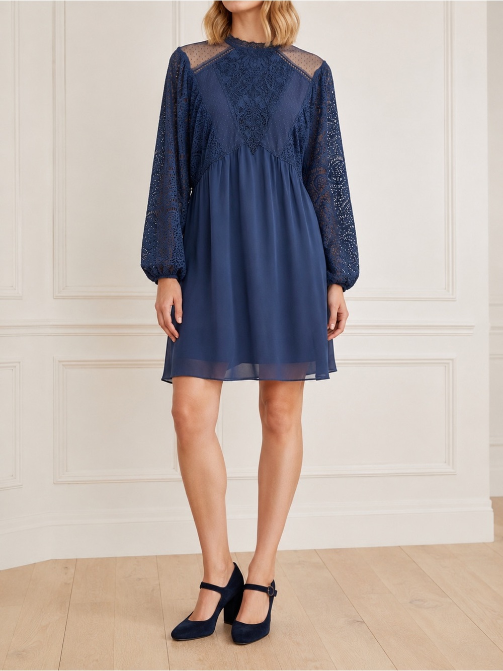 NWT Sundance Dress Sz Small Navy Blue Lace Chiffon Balloon Sleeve Boho Cocktail